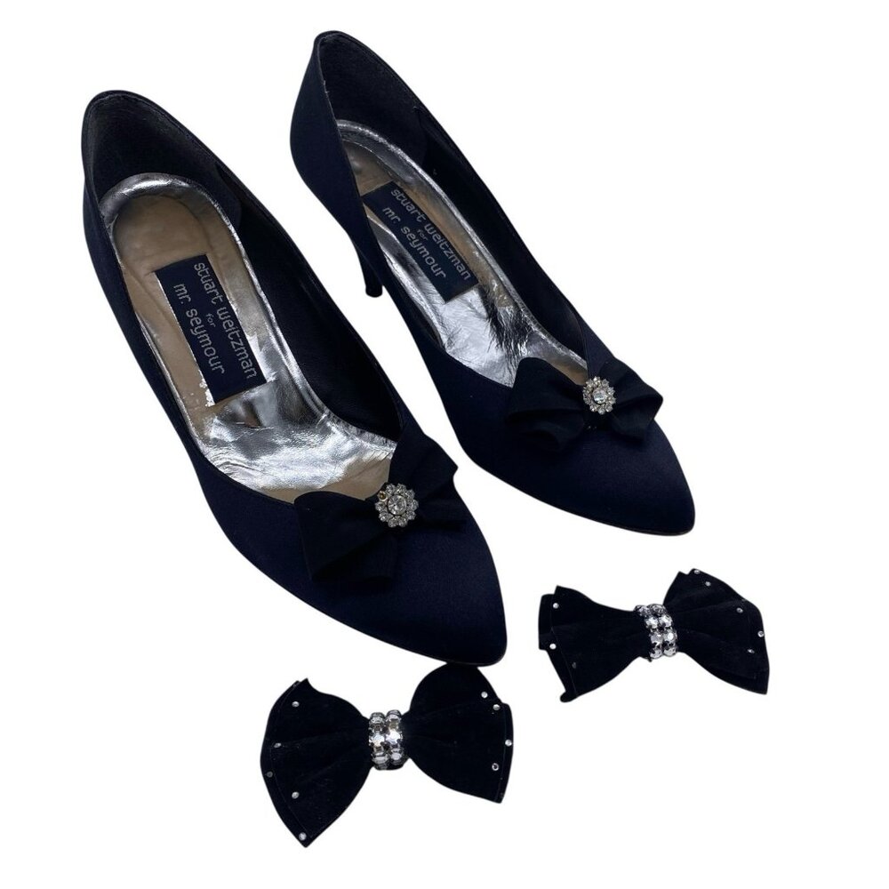 VTG Stuart Weitzman Mr Seymour Pumps 8 Black Crystal Jeweled Bow Clips Removable